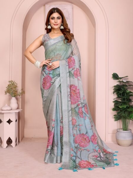 Linen Cotton Digital Print Saree With Unstiched Blouse Piece