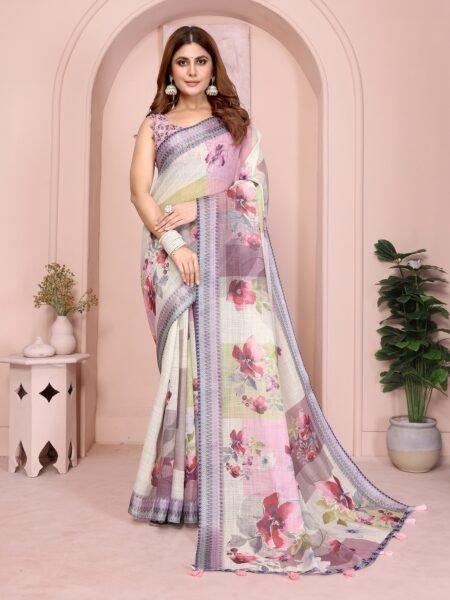 Linen Cotton Digital Print Saree With Unstiched Blouse Piece