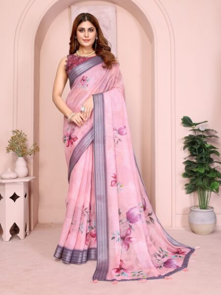 Linen Cotton Digital Print Saree With Unstiched Blouse Piece