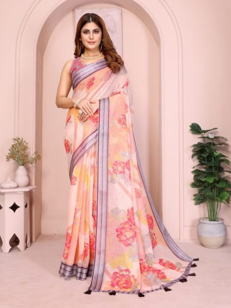Linen Cotton Digital Print Saree With Unstiched Blouse Piece
