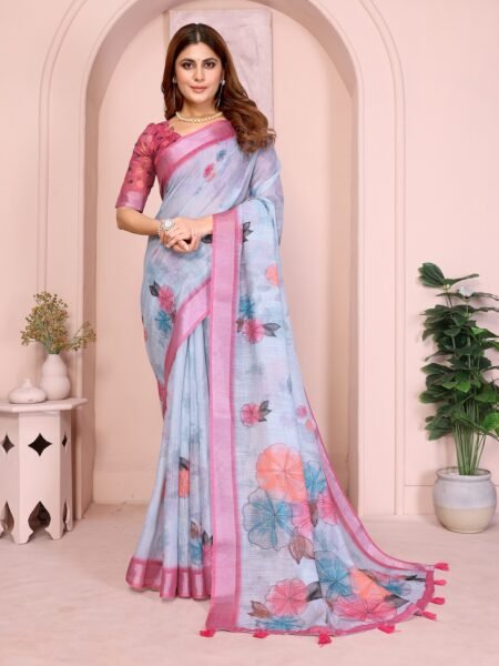Linen Cotton Digital Print Saree With Unstiched Blouse Piece