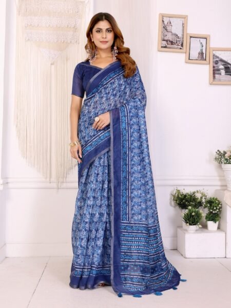 Blue Chanderi Digital Print Saree With Unstiched Blouse Piece