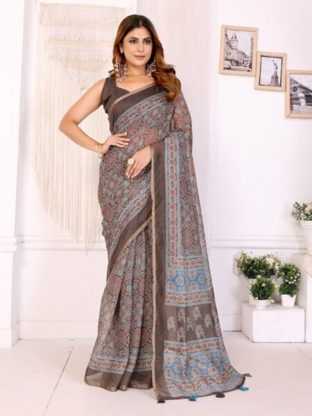 Chanderi Saree with Ethnic Floral Print Saree With Unstiched Blouse Piece