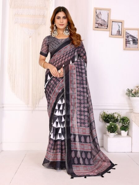 Black Chanderi Digital Print Saree With Unstiched Blouse Piece