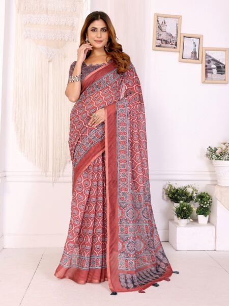 Rust Chanderi Digital Print Saree With Unstiched Blouse Piece