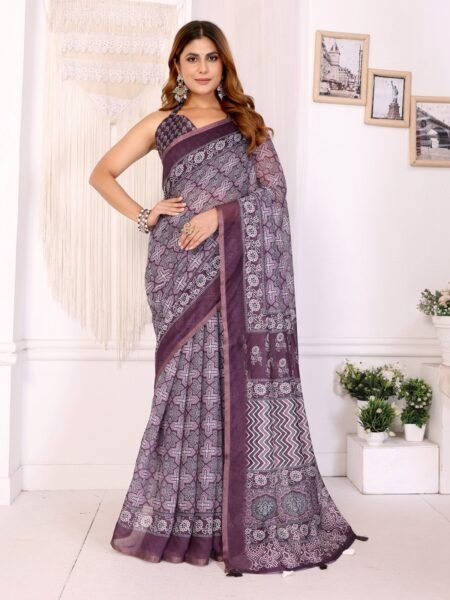 Wine Chanderi Digital Print Saree With Unstiched Blouse Piece