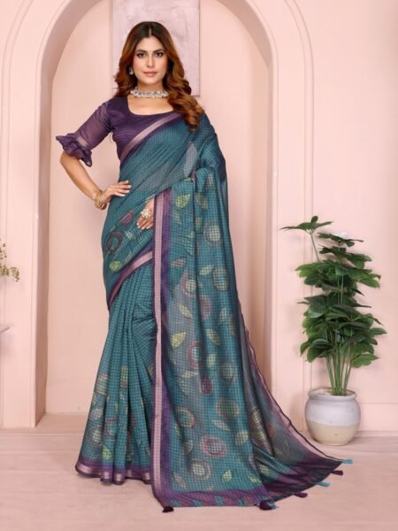 Teal Blue & Purple Chanderi Digital Print Saree With Unstiched Blouse Piece