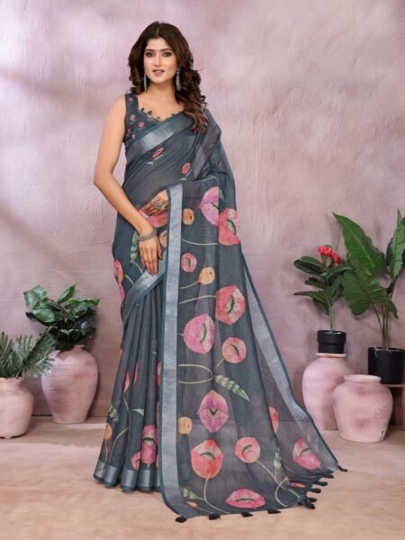 Linen Shimmer Digital Print Saree With Unstiched Blouse Piece