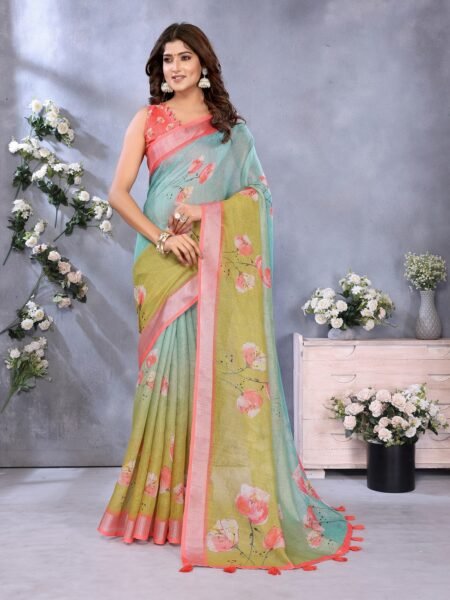 Linen Shimmer Digital Print Saree With Unstiched Blouse Piece
