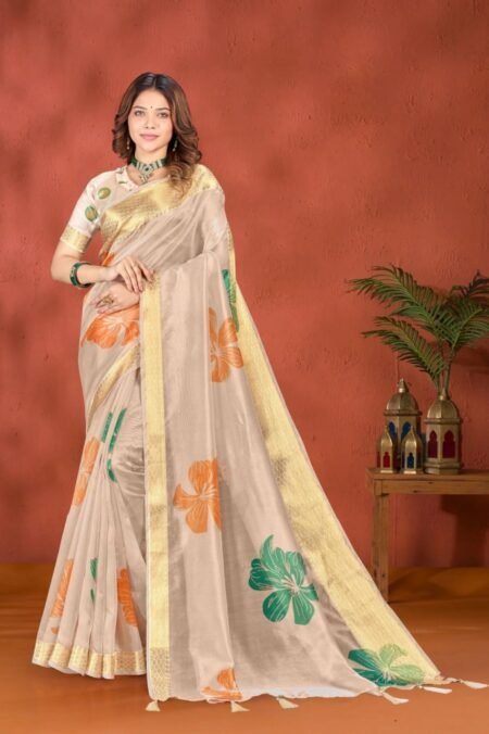 Soft Silk Saree with Bold Floral Print & Golden Zari Border