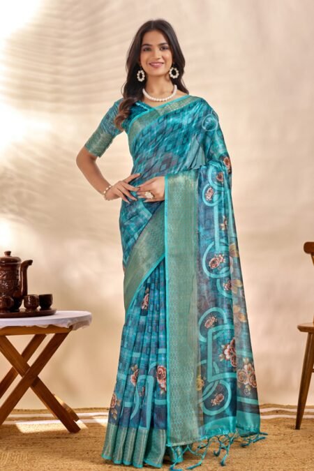 Silk Blend Digital Print Saree With Unstiched Blouse Piece