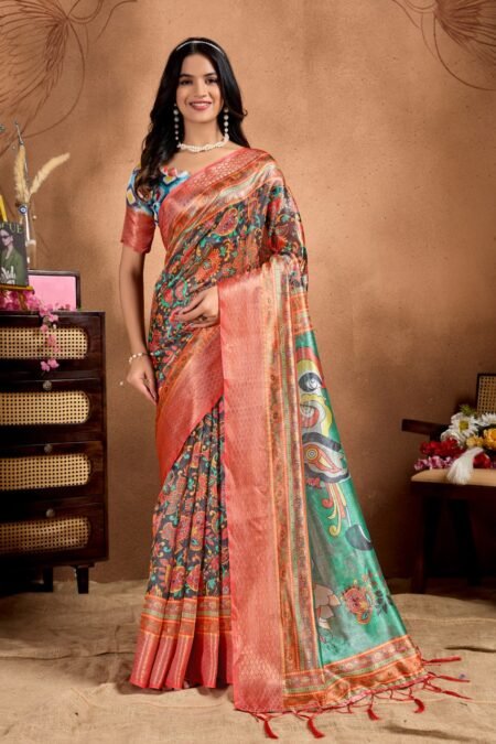 Silk Blend Digital Print Saree With Unstiched Blouse Piece