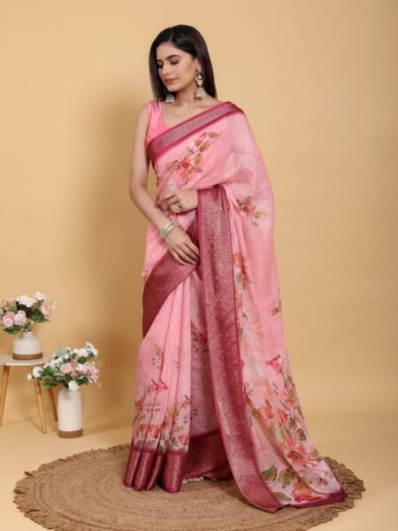 Elegant Rose Pink Floral Print Linen Cotton Saree With Blouse Piece
