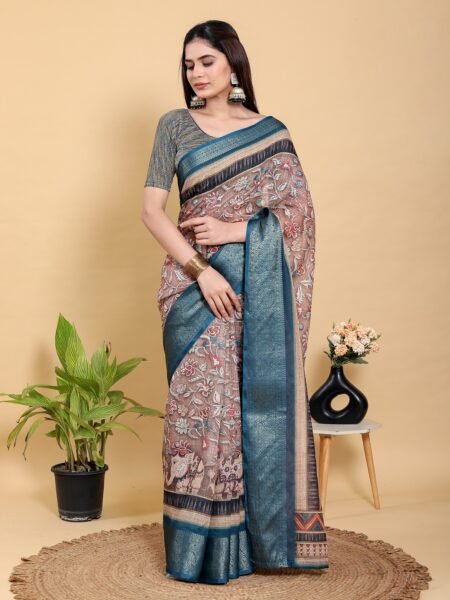 Heritage Brown & Teal Artistic Linen Cotton Saree With Blouse Piece
