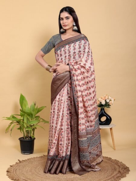 Beige Floral Print Linen Cotton Saree With Blouse Piece