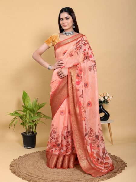 Peach Orange Floral Print Linen Cotton Saree With Blouse Piece