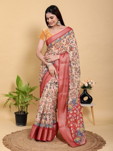 Artistic Kalamkari Print Linen Cotton Saree Zari Border With Blouse Piece
