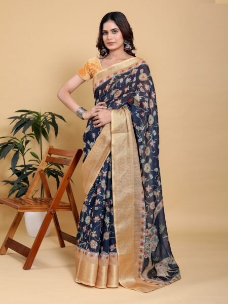 Malishka ExportElegant Navy Blue Floral Print Saree with Deer Motif and Zari Border With Blouse Piece
