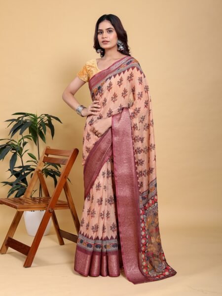 Elegant Peach Coral Floral Print Saree with Maroon Zari Border With Blouse Piece