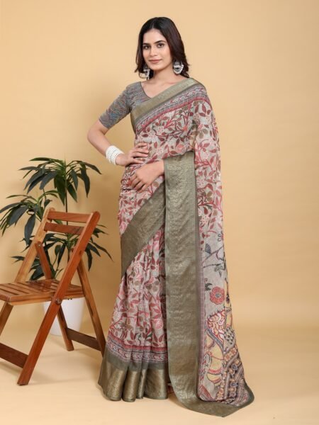 Elegant Beige Kalamkari Print Saree with Olive Green Zari Border With Blouse Piece