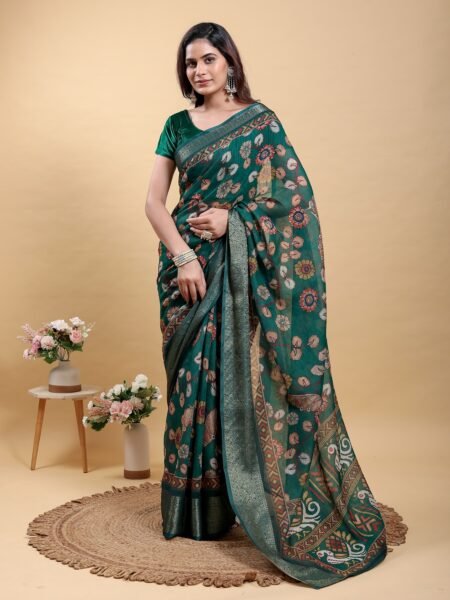 Elegant Forest Green Patola Pochampally Print Saree with Zari Border With Blouse Piece
