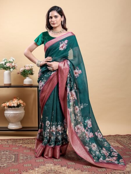 Stunning Teal Floral Saree with Contrast Pink/Maroon Zari Border With Blouse Piece