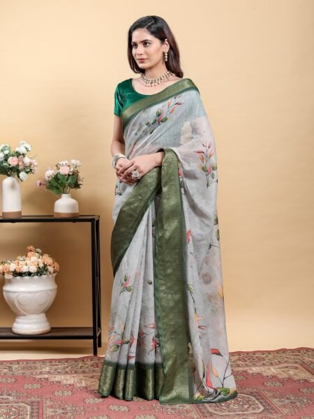 Elegant Light Grey Saree with Modern Floral Print and Zari Border With Blouse Piece