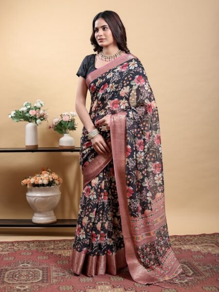 Dramatic Black Floral Print Saree with Contrast Zari Border With Blouse Piece