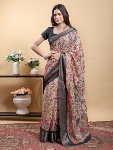 Elegant Beige Kalamkari Saree with Peacock/Bird Motif and Black Zari Border With Blouse Piece