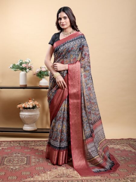 Elegant Grey Traditional Print Saree with Contrast Maroon Zari Border With Blouse Piece