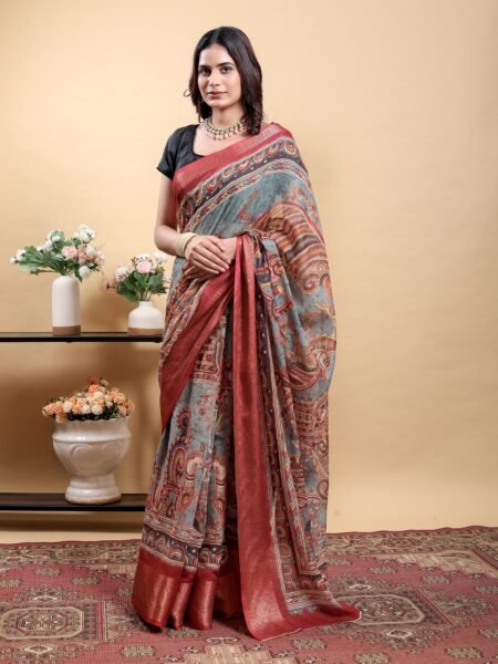Malishka ExportArtistic Grey Kalamkari Saree with Patola Print and Contrast Maroon Border With Blouse Piece