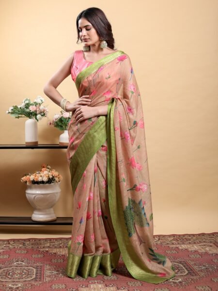 Soft Peach/Brown Saree with Lotus Print and Contrast Green Zari Border With Blouse Piece