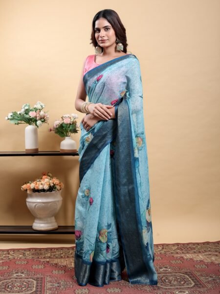 Serene Blue Modern Floral Print Saree with Contrast Navy Zari Border With Blouse Piece