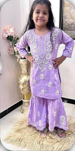 Girl's Rayon Embroidery Straight Kurta With Sharara