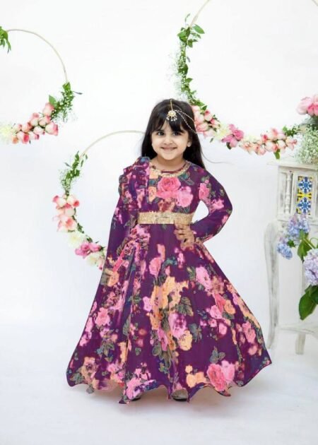 Girl's Faux Georgette Digital Print Anarkali Gown With Dupatta