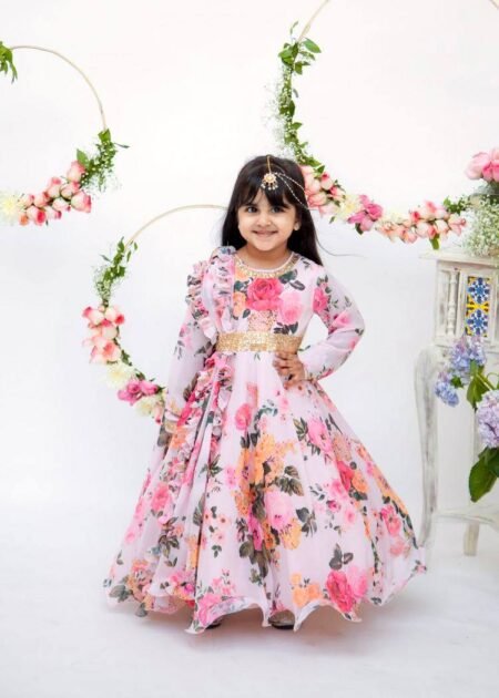 Girl's Faux Georgette Digital Print Anarkali Gown With Dupatta
