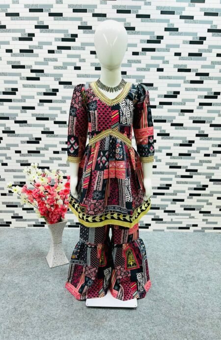 Girl's American Crepe Digital Print Flared Top With Sharara