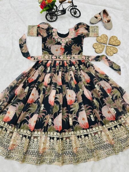 Girl's Faux Georgette Digital Print Anarkali Gown With Dupatta