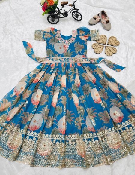 Girl's Faux Georgette Digital Print Anarkali Gown With Dupatta