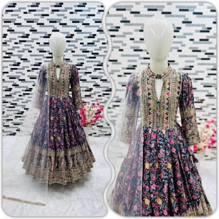 Girl's Chinon Silk Digital Print Anarkali Gown With Dupatta
