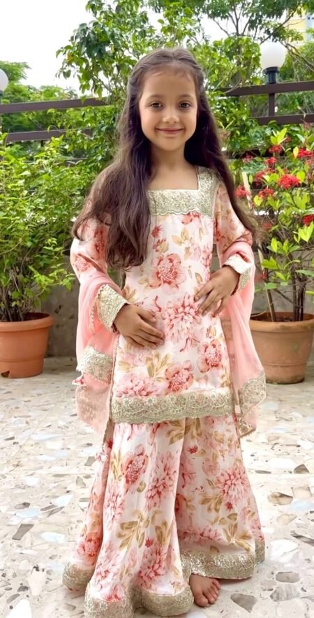 Girl's Chinon Embroidery Straight Kurta Sharara With Dupatta