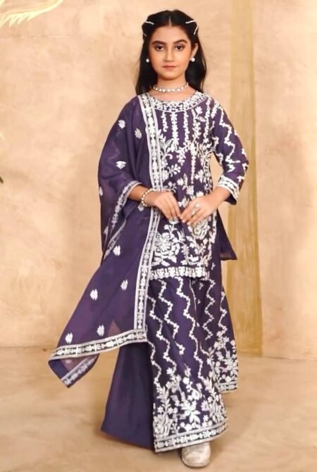 Girl's Faux Georgette Embroidery Straight Kurta Sharara With Dupatta