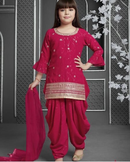 Girl's Chinon Embroidery Straight Kurta Dhoti With Dupatta