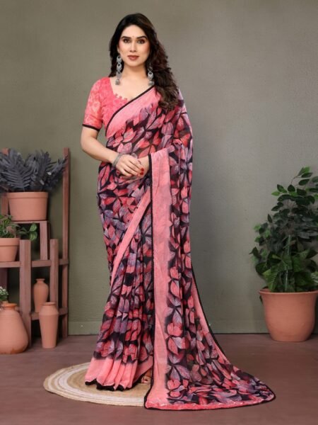 Soft Chiffon Floral Print Saree With Unstiched Blouse Piece