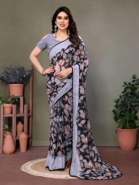Soft Chiffon Floral Print Saree With Unstiched Blouse Piece