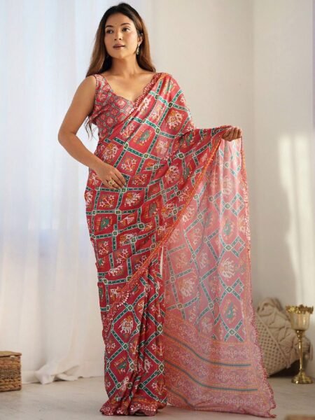 Georgette Digital Print & Mirror Border Saree With Unstiched Blouse Piece