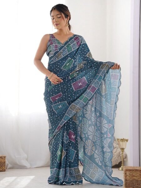 Georgette Digital Print & Mirror Border Saree With Unstiched Blouse Piece