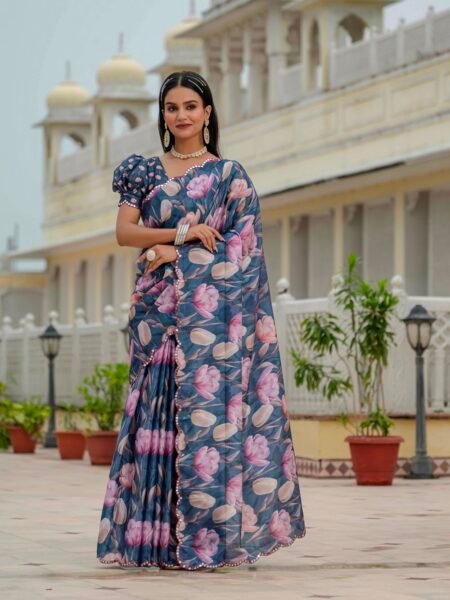 Chinon Digital Print Ready To Wear Saree With Blouse Piece