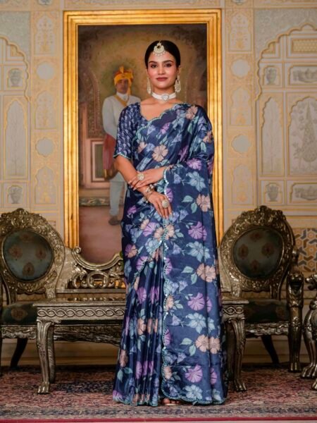 Chinon Digital Print Ready To Wear Saree With Blouse Piece