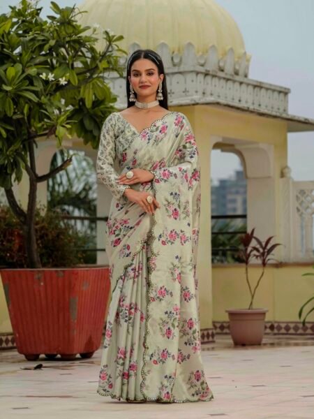Chinon Digital Print Ready To Wear Saree With Blouse Piece
